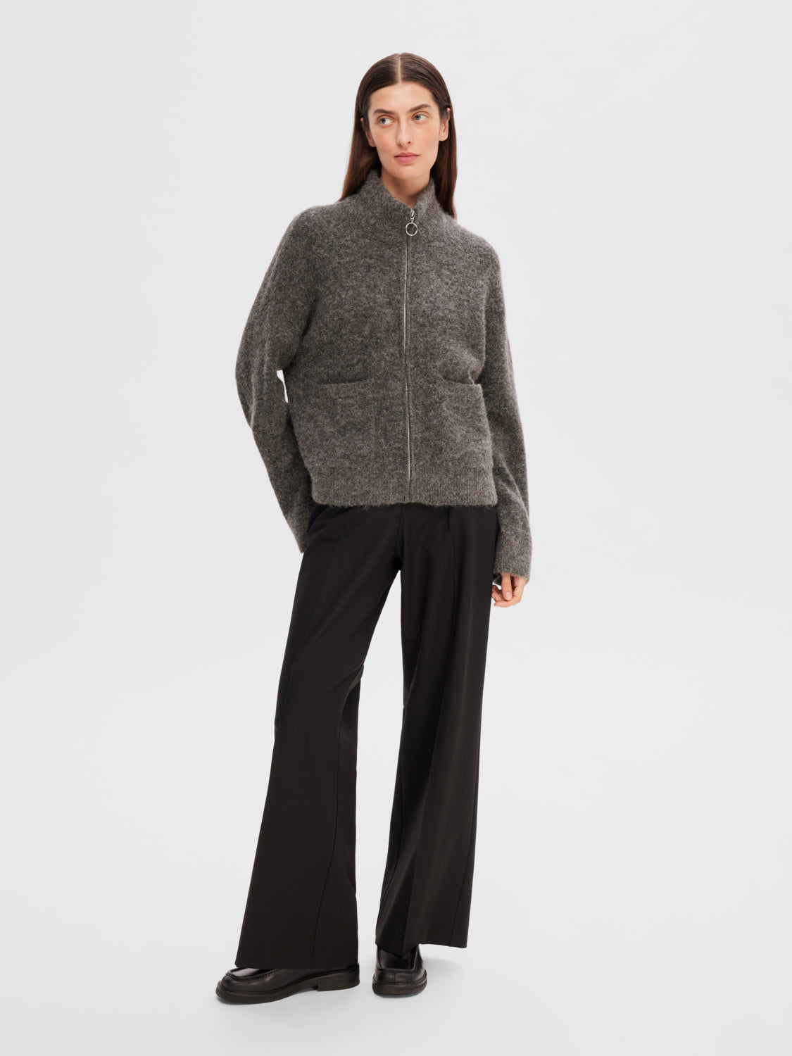 Sia Ras Zipper Strikket Cardigan - Grå/ Medium Grey Melange